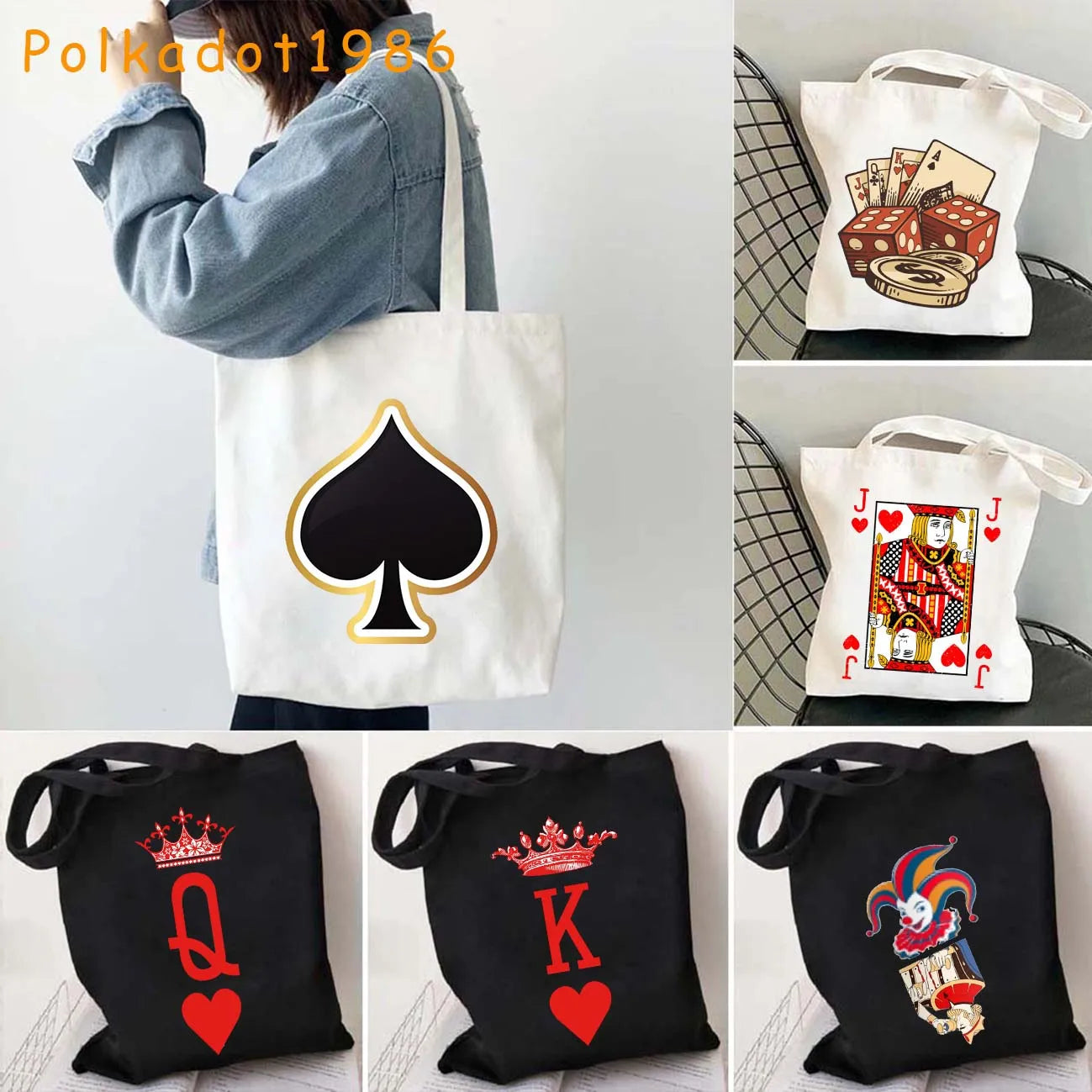 Funny Poker Cartes à Jouer Cute King Queen Jack of Cœur Crowned Toile Tote Sac Pouch Shopper Shoulder Shopping Cotton Sac à Mains