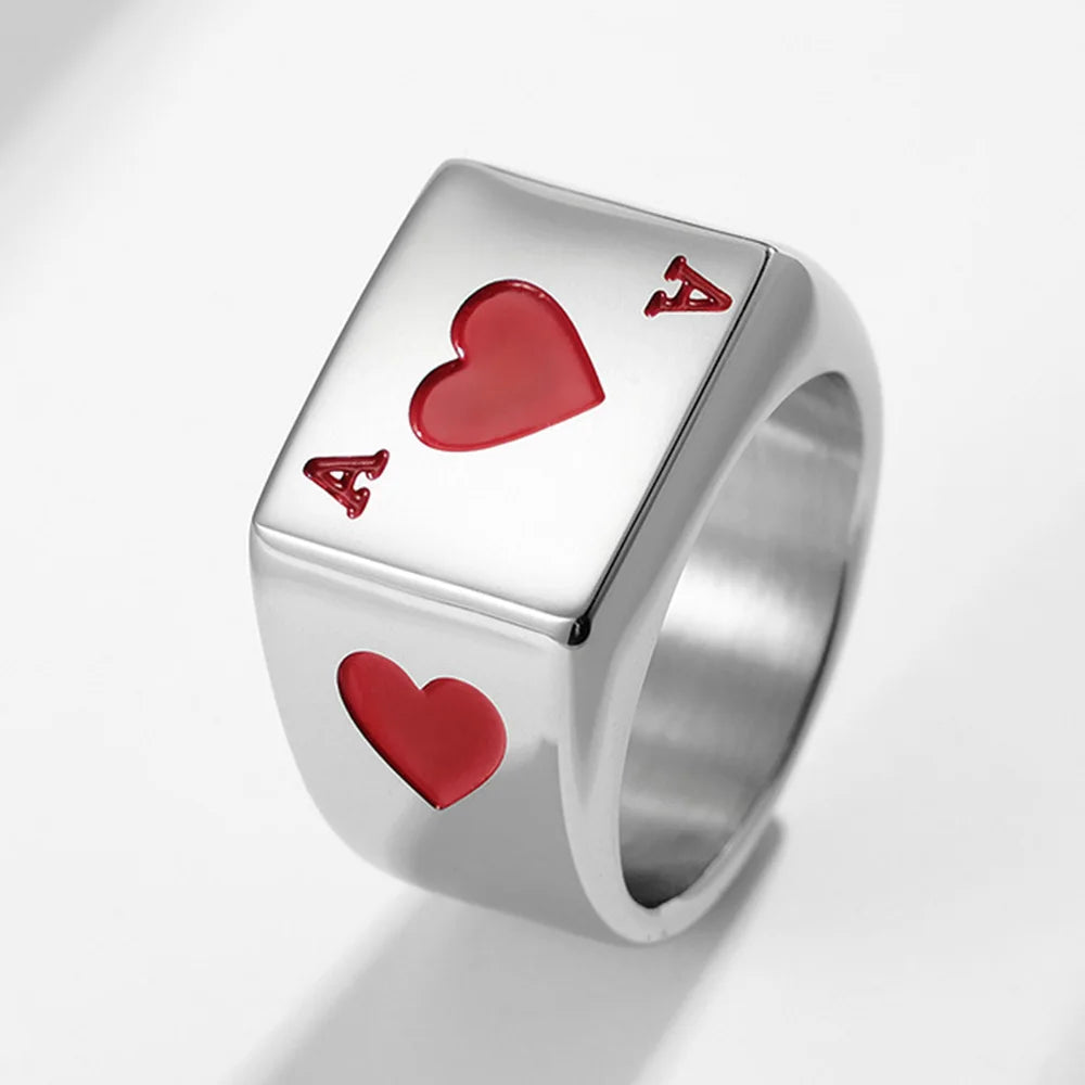 Poker Ring Men Spade Rings Stainless Steel Jewelry Lucky Ring with Black Ace of Spades Poker Card