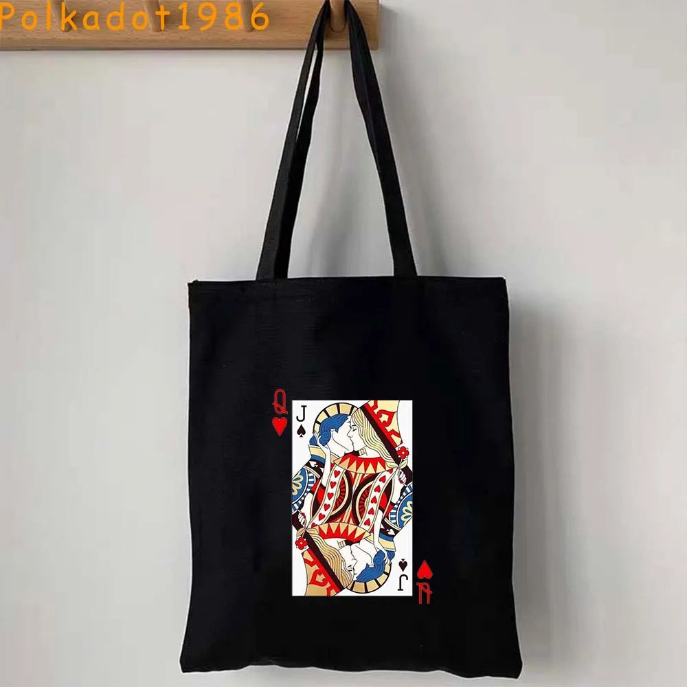 Funny Poker Cartes à Jouer Cute King Queen Jack of Cœur Crowned Toile Tote Sac Pouch Shopper Shoulder Shopping Cotton Sac à Mains