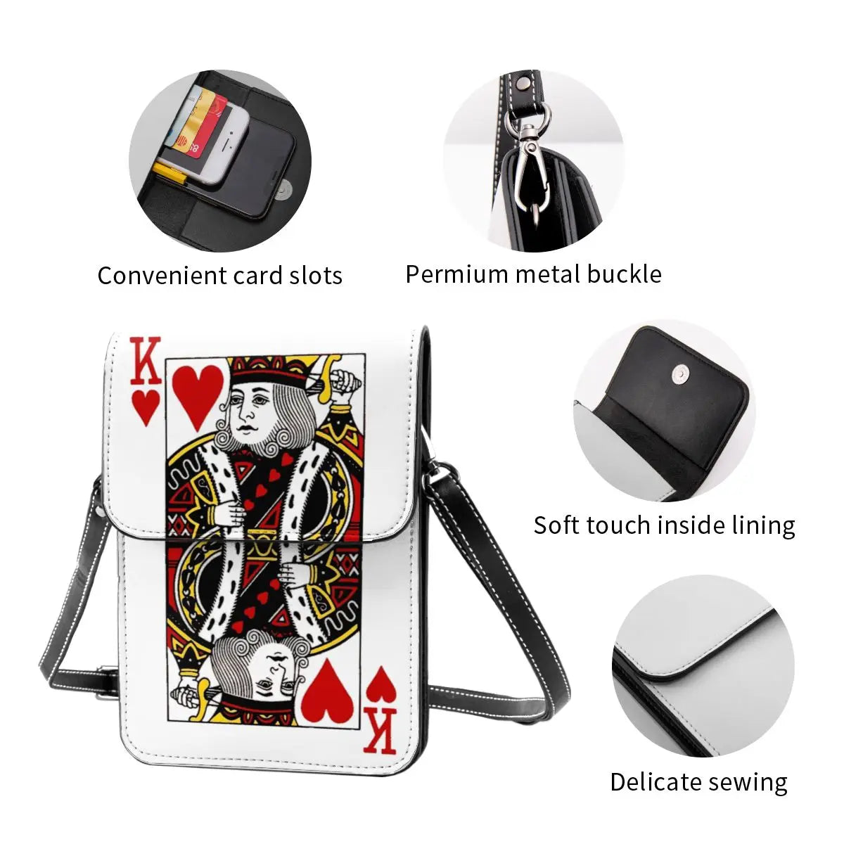 Poker Shoulder Sac KING OF HEARTS Work Leather Mobile Phone Sac Female Cadeau Vintage Sacs