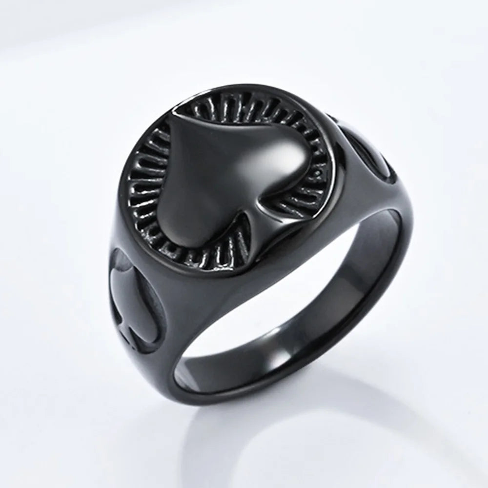Vintage Men's Titanium Steel Ring Round Spades Poker Ace Of Spades Stainless Steel Ring