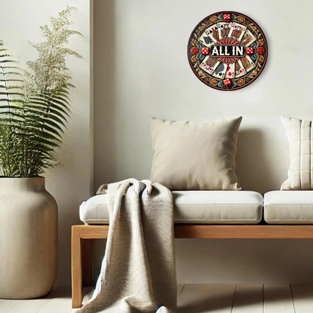 [2D Flat] 8" Round Aluminium Panneau avec "All In" Guirlande Design - Vibrant Poker & Dice Theme, Perfect pour Home, Bar, Cafe,