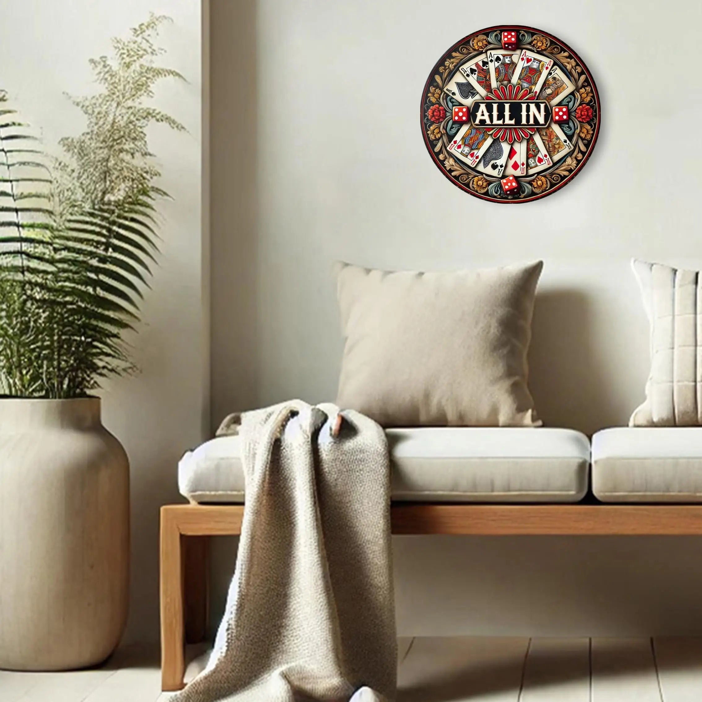 [2D Flat] 8" Round Aluminium Panneau avec "All In" Guirlande Design - Vibrant Poker & Dice Theme, Perfect pour Home, Bar, Cafe,