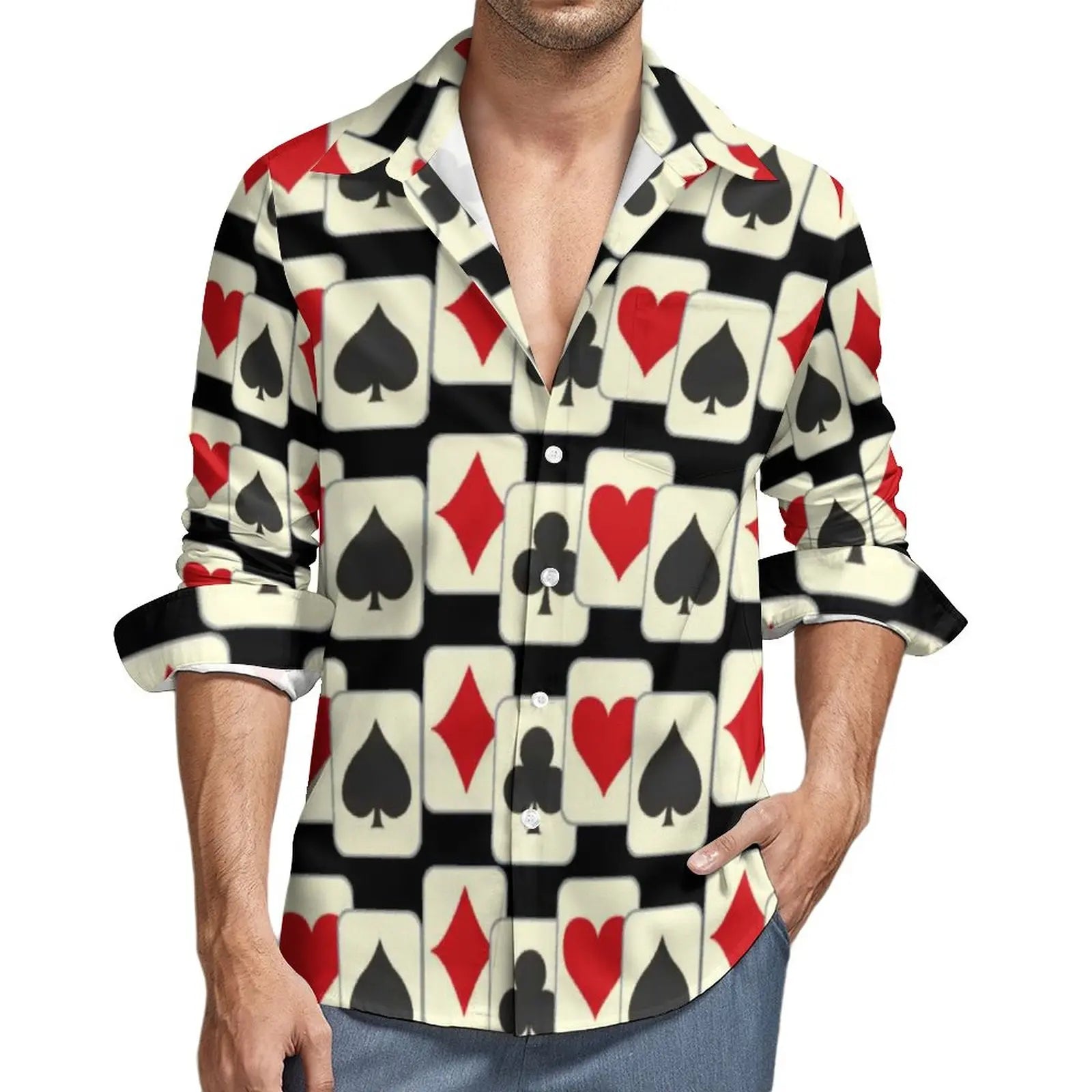 Poker Symbols Casual Shirts Male Playing Card Suits Shirt Long Sleeve Trending Funny Blouses Spring Graphic Clothing Plus Size