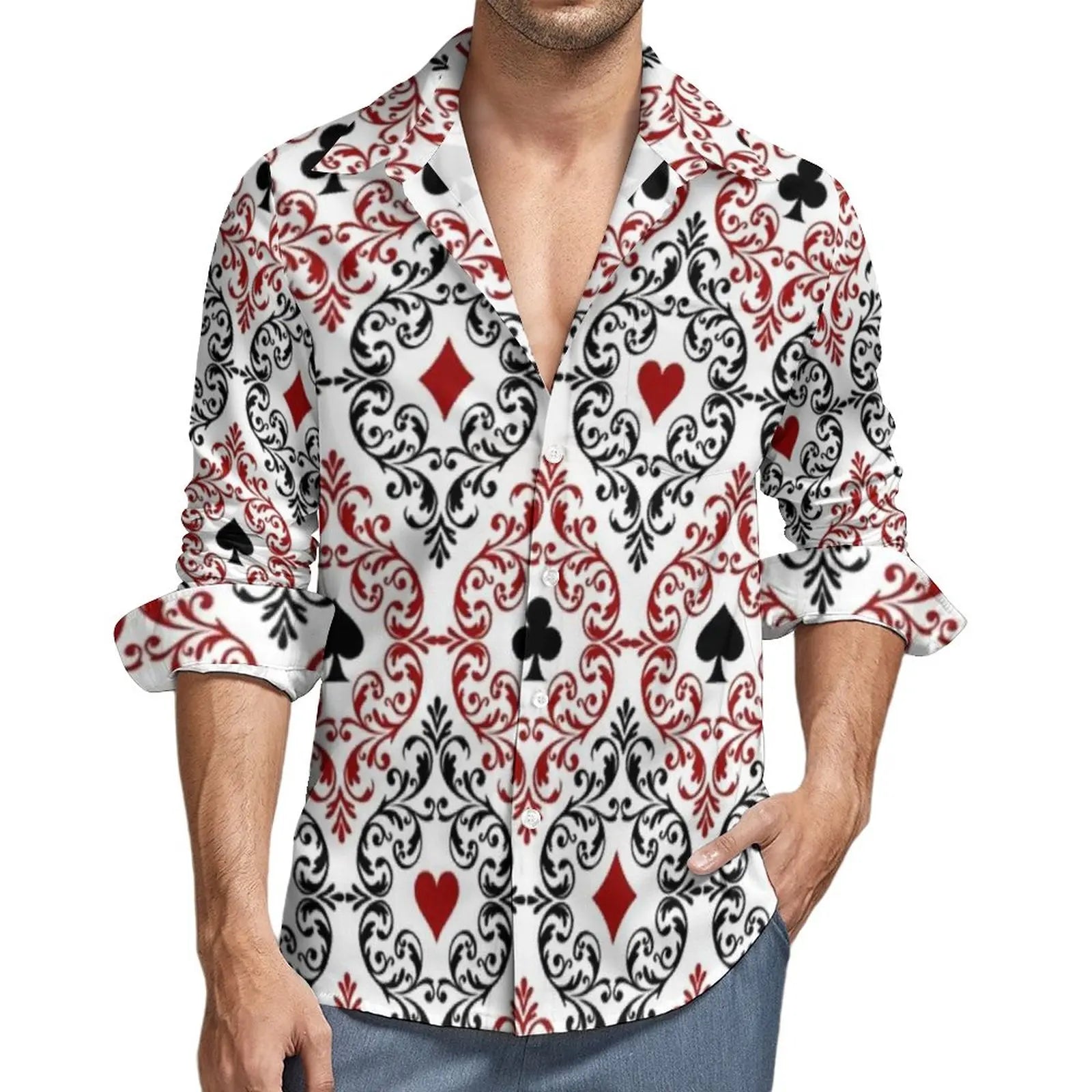 Poker Symbols Casual Shirts Male Playing Card Suits Shirt Long Sleeve Trending Funny Blouses Spring Graphic Clothing Plus Size