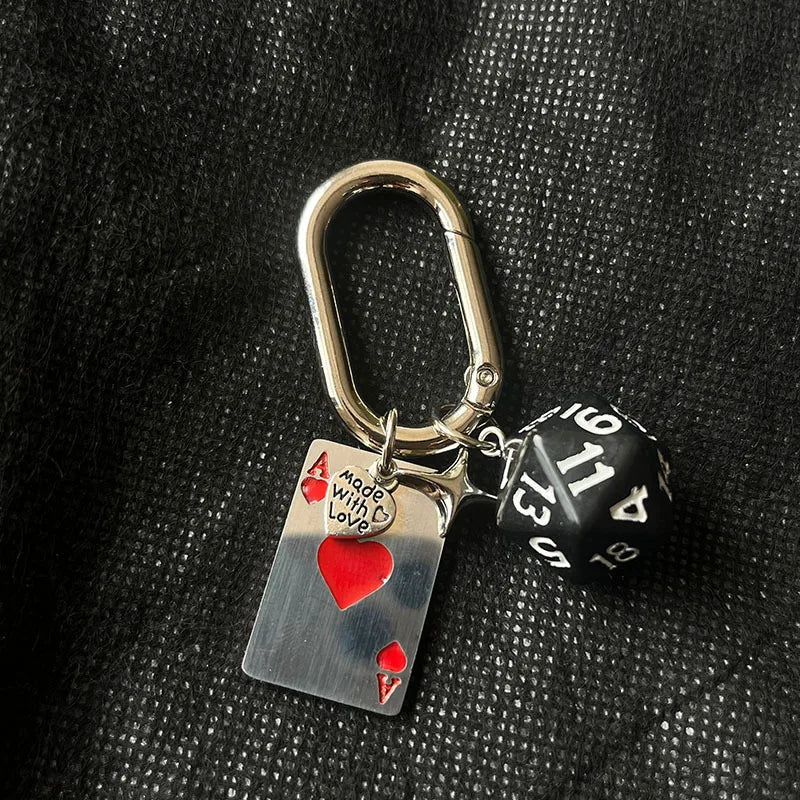 Retro Game Themed Poker & Dice Carabiner Keychain Silver Tone Metal with Ace Card Pendant And Colorful D20 Dice Detail Durable