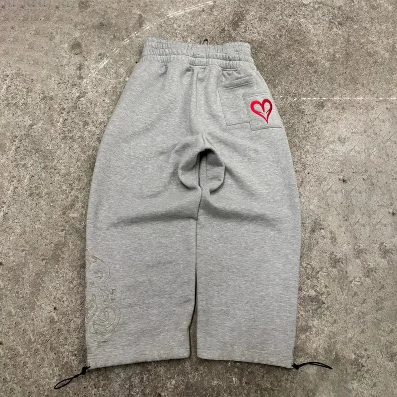 Y2K Retro Men Jogging Pants Double Waist Poker Embroidery Unisex Sweatpants Gothic Hip Hop Streetwear Casual Baggy Sagging Pants