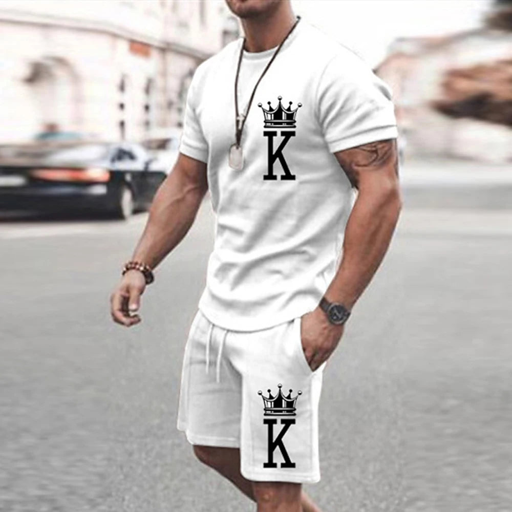 2025 Summer New Men's Summer Leisure Sports Running Set Loose Men's Refreshing Top Y2K Style 3D Poker King Fashion shirt Set Lightweight
