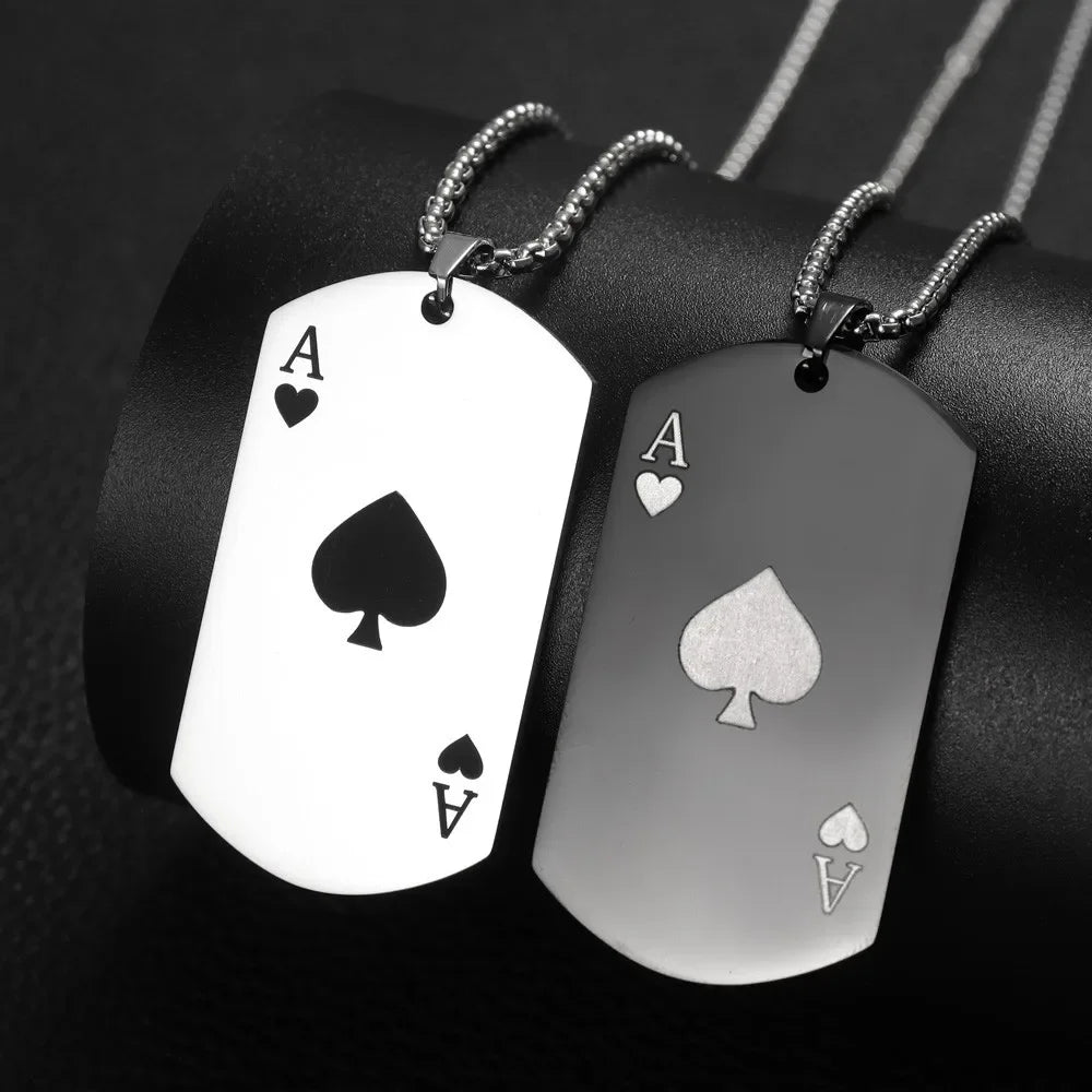 Trend Rectangle Stainless Steel Spades A Pendant Charm Men's Necklace Fashion Christmas Valentine's Day Gift Protector Jewelry