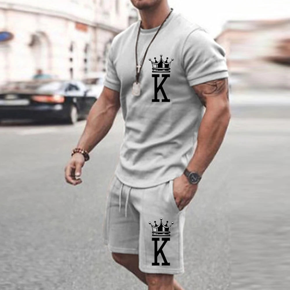 2025 Summer New Men's Summer Leisure Sports Running Set Loose Men's Refreshing Top Y2K Style 3D Poker King Fashion shirt Set Lightweight