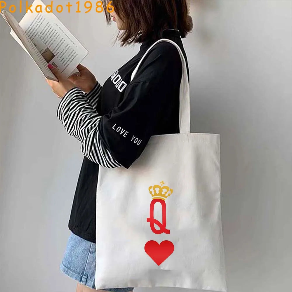 Funny Poker Cartes à Jouer Cute King Queen Jack of Cœur Crowned Toile Tote Sac Pouch Shopper Shoulder Shopping Cotton Sac à Mains