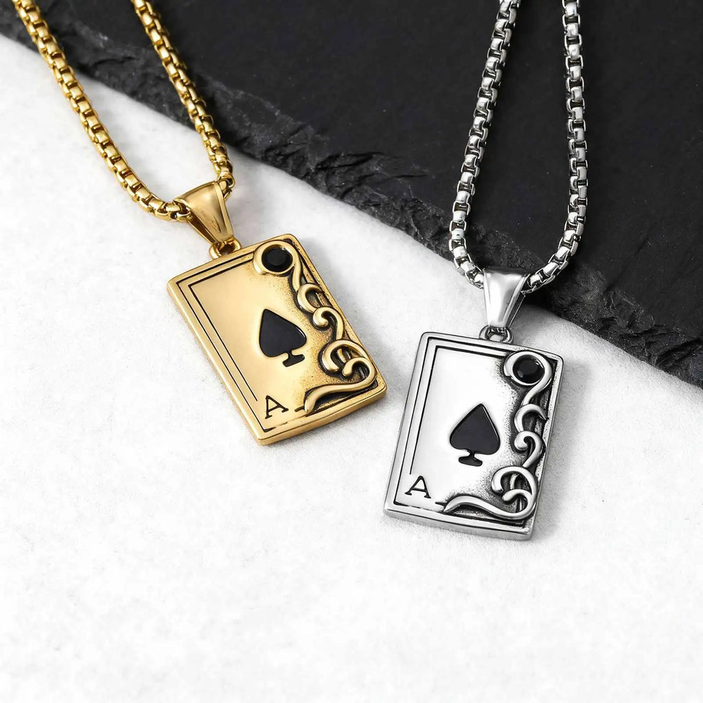 Gothic Playing Card Necklace for Men Boys,Stainless Steel Spade A Pendant Necklace,Vinatage Jewelry Gift