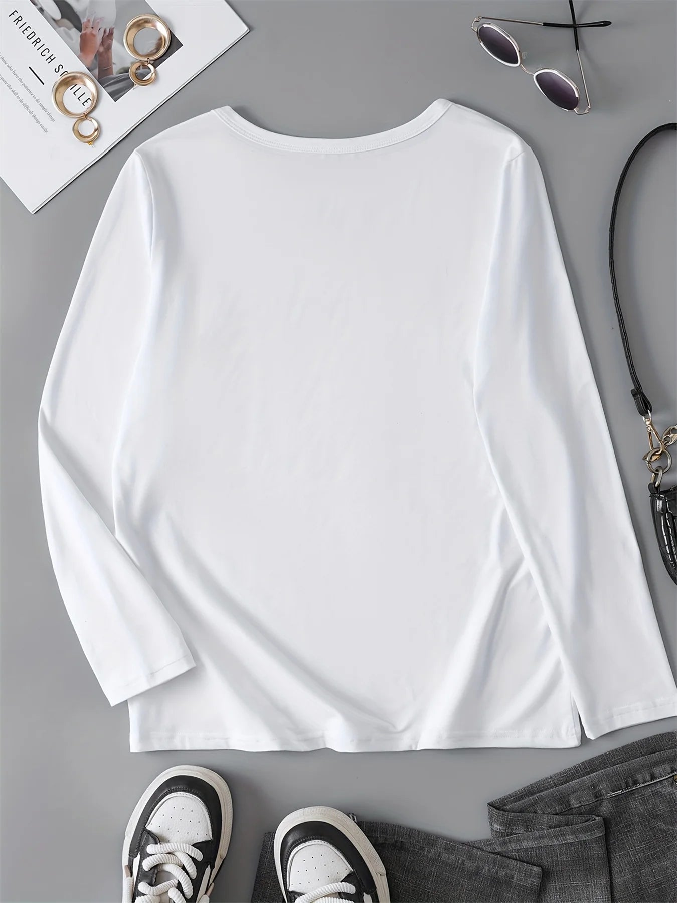 100% pure cotton women's spring and autumn comfortable casual long sleeved poker card Q queen pattern printed round neck T-shirt