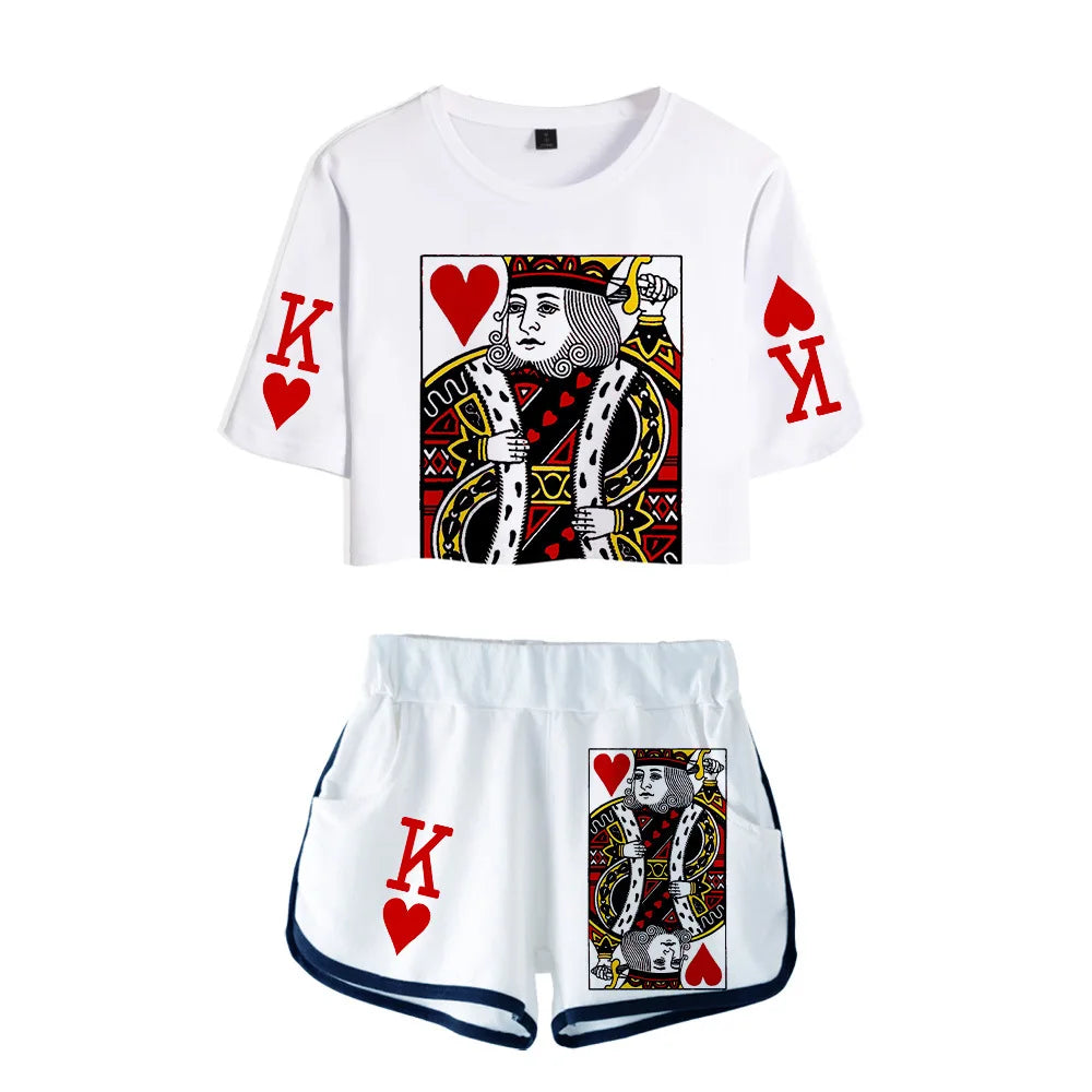Playing Cards Poker K Q t-shirts shorts girls sexy sport suit tracksuit shirts outfit KING QUEEN two piece set women tops shorts