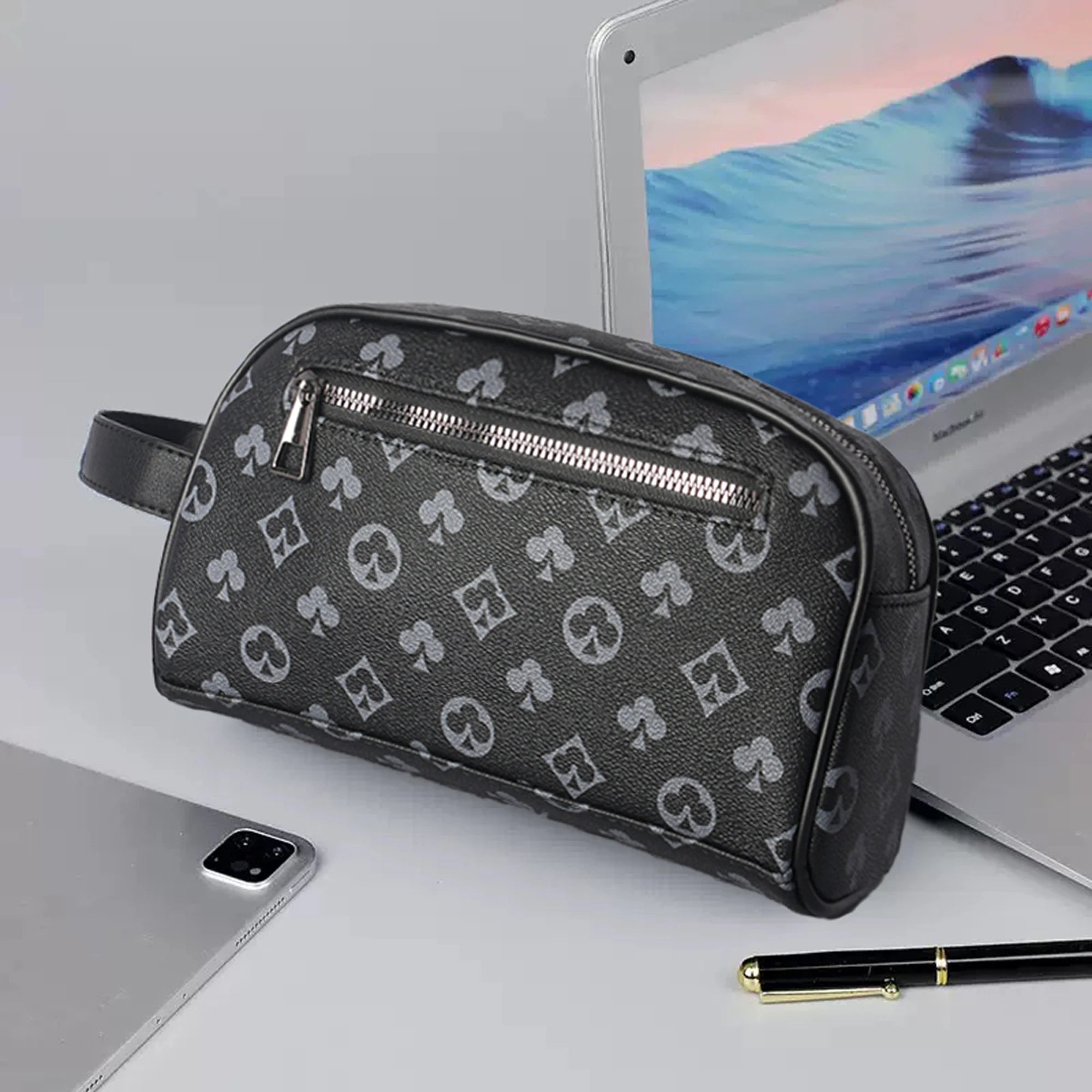Homme'S Stylish Noir Synthetic Pochette Sac avec Card Slots - Perfect pour Keys, Phone, Tablet, et Cards