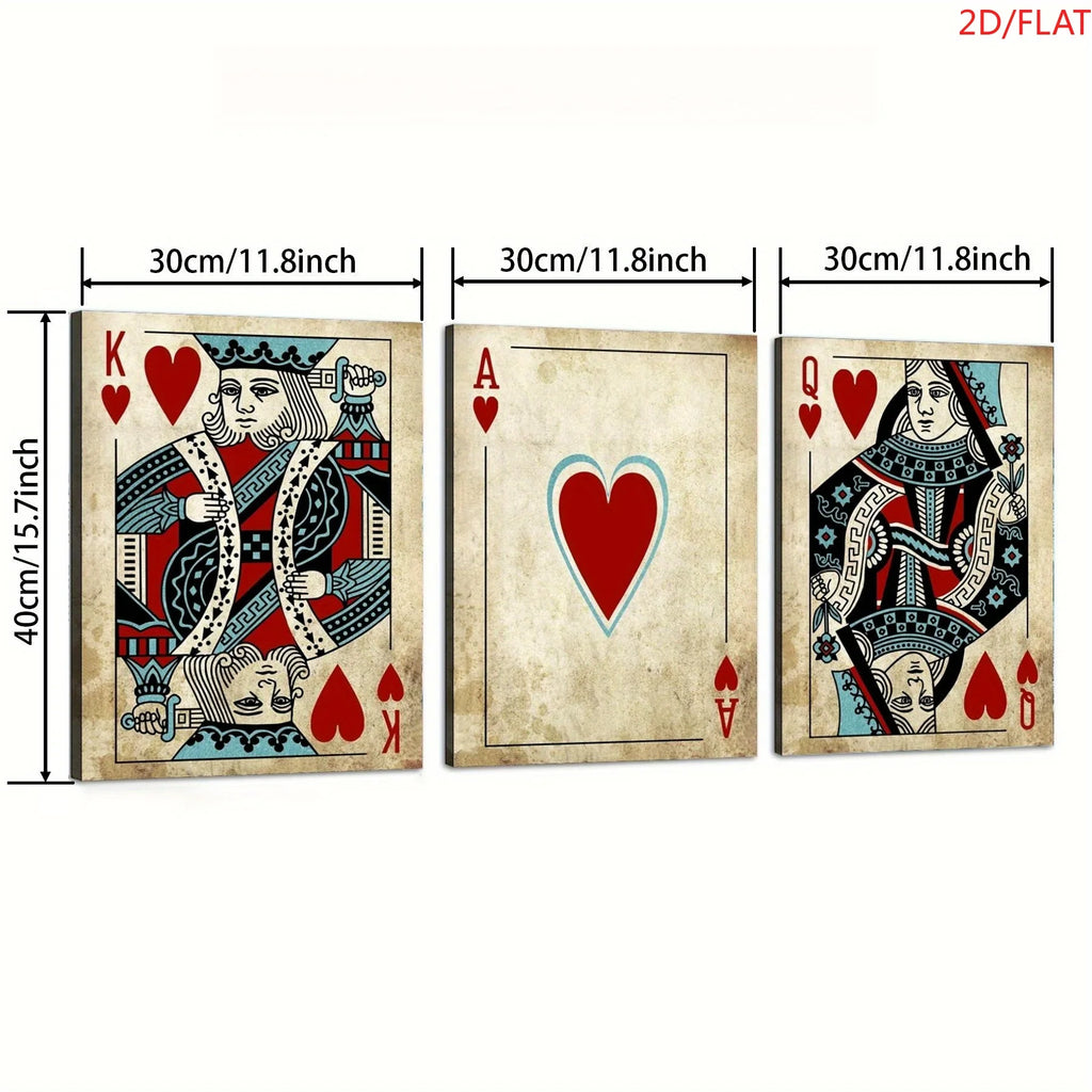 2D Flat, 3pcs Retro Poker Toile Art Impressions - King, As of Pique & Queen of Cœur avec Intricate Designs, Suitable pour Offi