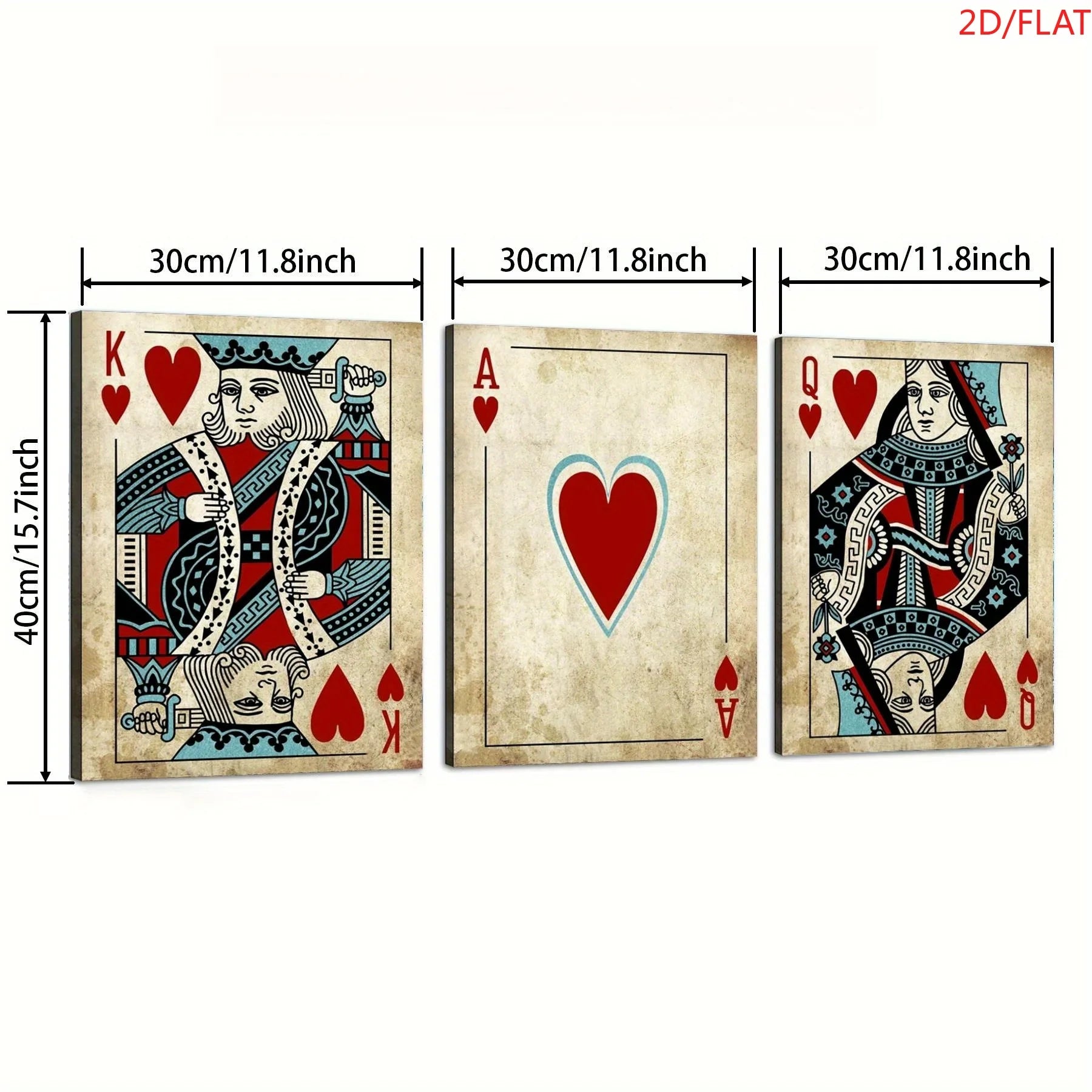2D Flat, 3pcs Retro Poker Toile Art Impressions - King, As of Pique & Queen of Cœur avec Intricate Designs, Suitable pour Offi
