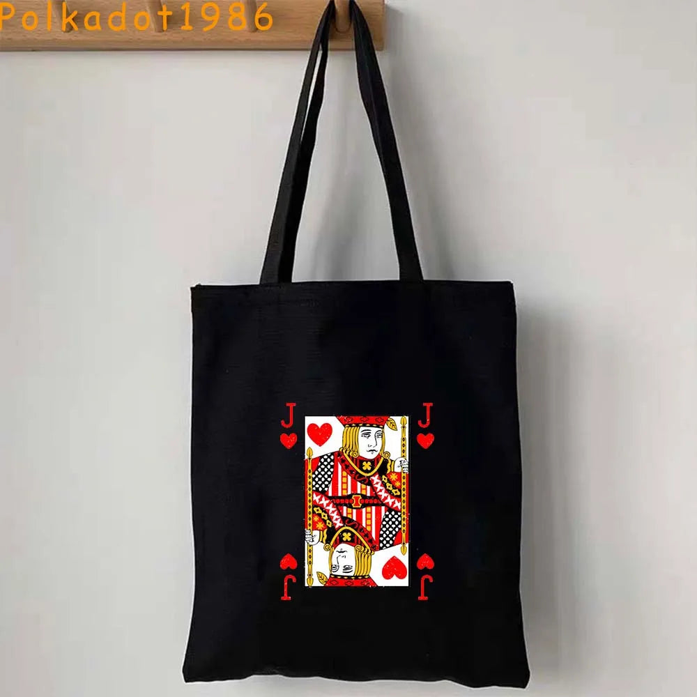 Funny Poker Cartes à Jouer Cute King Queen Jack of Cœur Crowned Toile Tote Sac Pouch Shopper Shoulder Shopping Cotton Sac à Mains