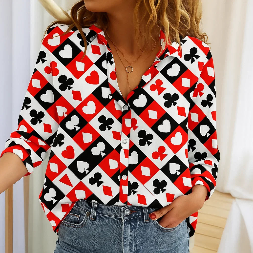 Women Poker Pattern Long Sleeve O-Neck Shirt Fashion New Personalized Blouse Casual Autumn Winter Shirt Female Tops Spring