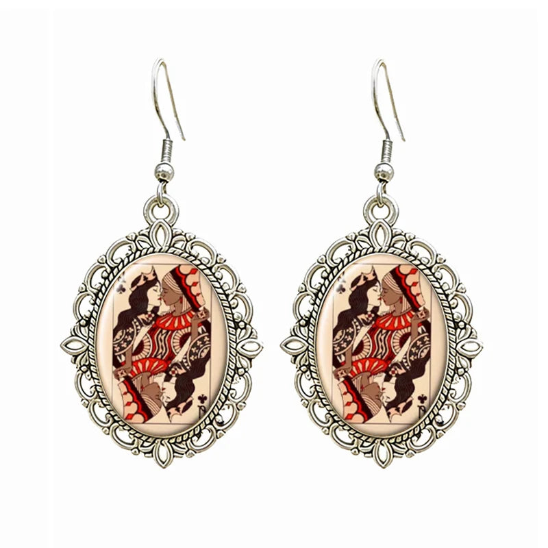 Vintage Playing Card Queen Of Hearts Earrings Retro Gothic Poker Glass Drop Earrings For Women Jewelry