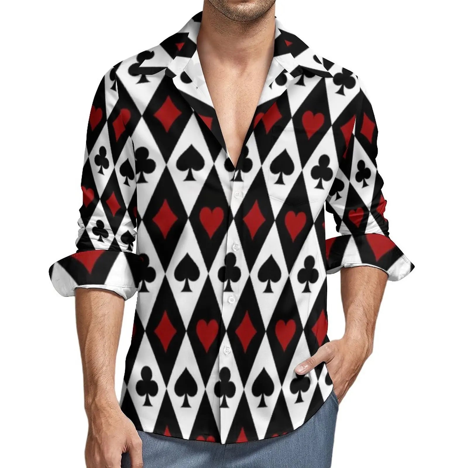 Poker Symbols Casual Shirts Male Playing Card Suits Shirt Long Sleeve Trending Funny Blouses Spring Graphic Clothing Plus Size