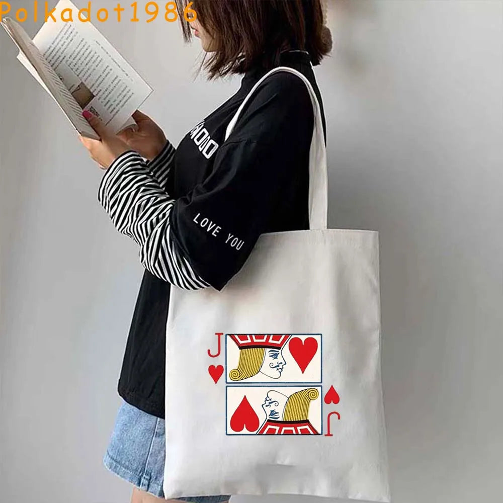 Funny Poker Cartes à Jouer Cute King Queen Jack of Cœur Crowned Toile Tote Sac Pouch Shopper Shoulder Shopping Cotton Sac à Mains