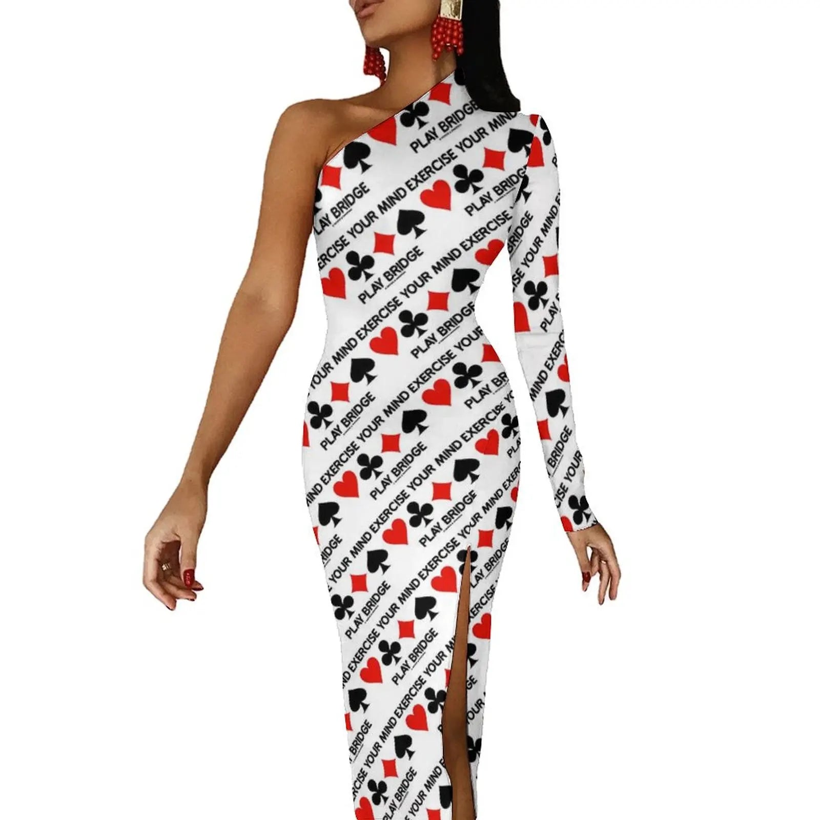 Casino Playing Cards Maxi Dress Long Sleeve Hearts Crosses Print Sexy Bodycon Dress Autumn Party Long Dresses Pattern Clothing