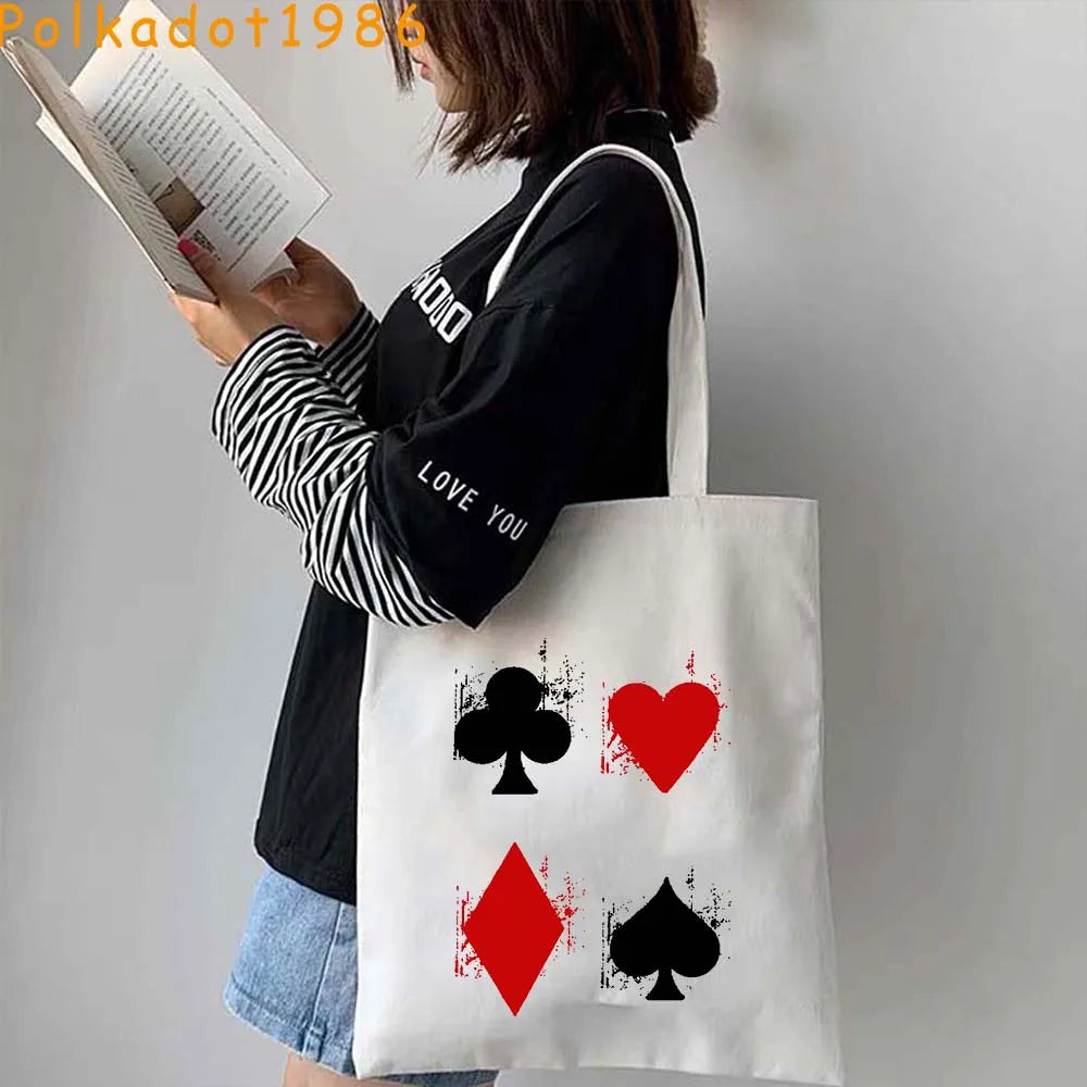 Funny Poker Cartes à Jouer Cute King Queen Jack of Cœur Crowned Toile Tote Sac Pouch Shopper Shoulder Shopping Cotton Sac à Mains