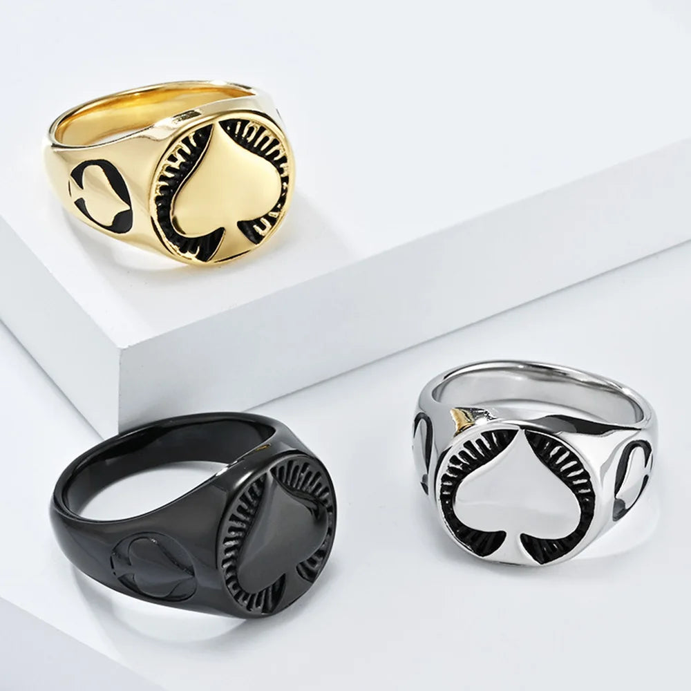 Vintage Men's Titanium Steel Ring Round Spades Poker Ace Of Spades Stainless Steel Ring