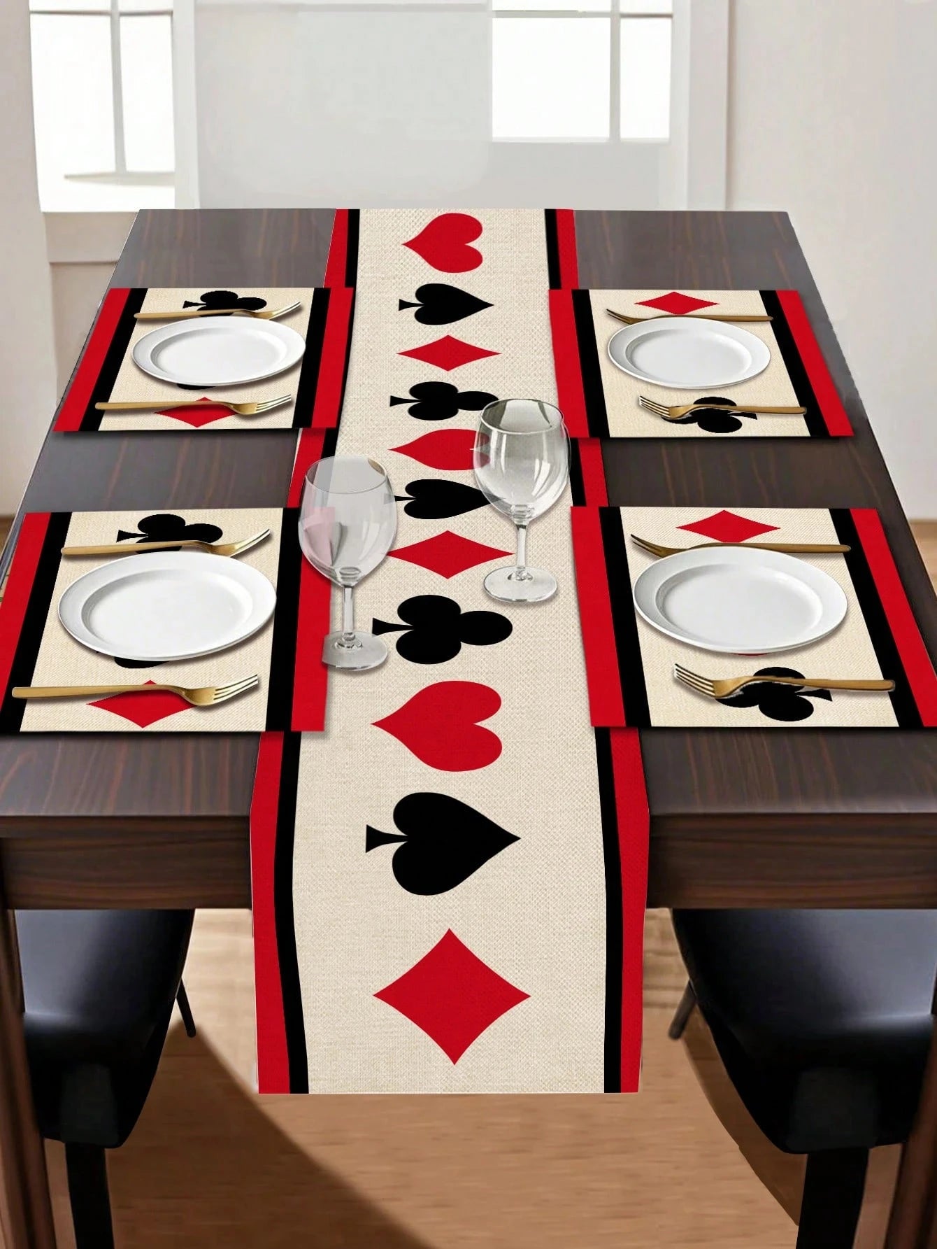 1pc Casino Nuit Carte à Jouer Suits Table Chemin de Table - Lin 2D Impressioned Decor pour Dining Table, Kitchen, Poker Fête & Jeu Nuit Gi