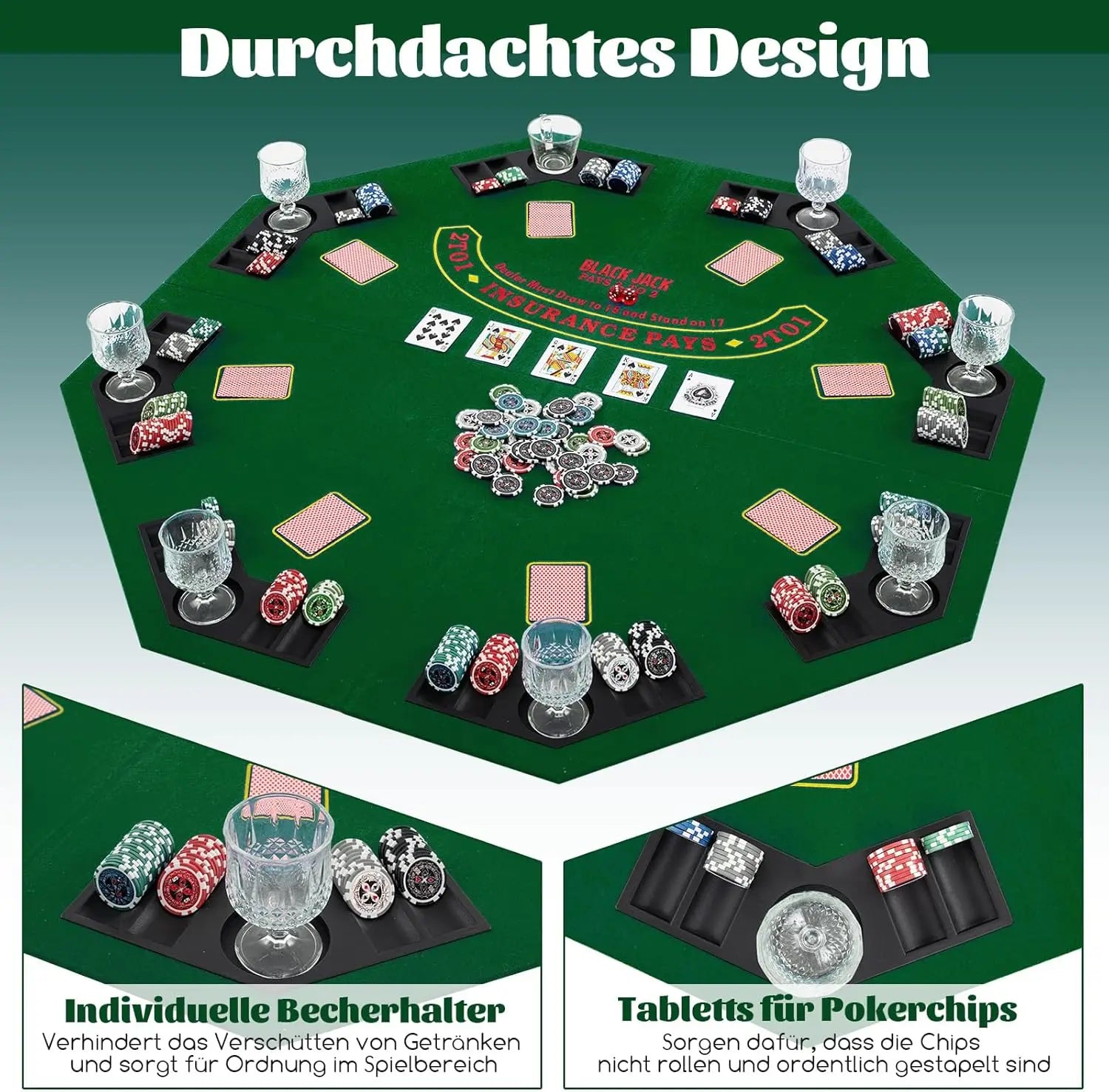 Poker Mat, Texas Holdem, Foldable Poker Table Cover pour 8 Players avec Cup Holders, Poker Rug avec Carry Bag, Green