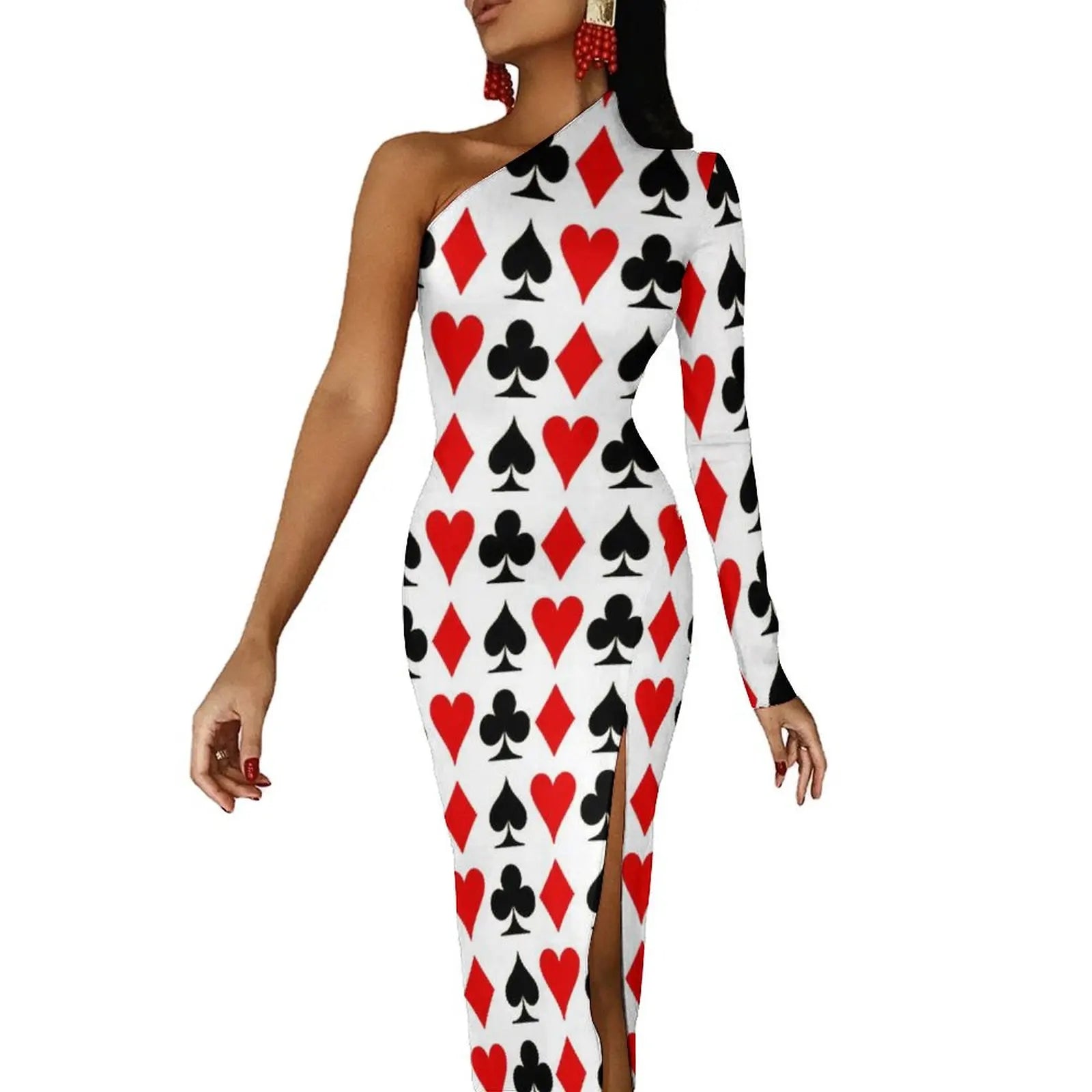 Casino Playing Cards Maxi Dress Long Sleeve Hearts Crosses Print Sexy Bodycon Dress Autumn Party Long Dresses Pattern Clothing