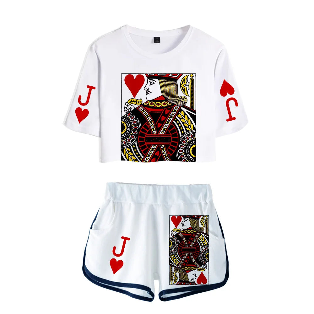 Playing Cards Poker K Q t-shirts shorts girls sexy sport suit tracksuit shirts outfit KING QUEEN two piece set women tops shorts