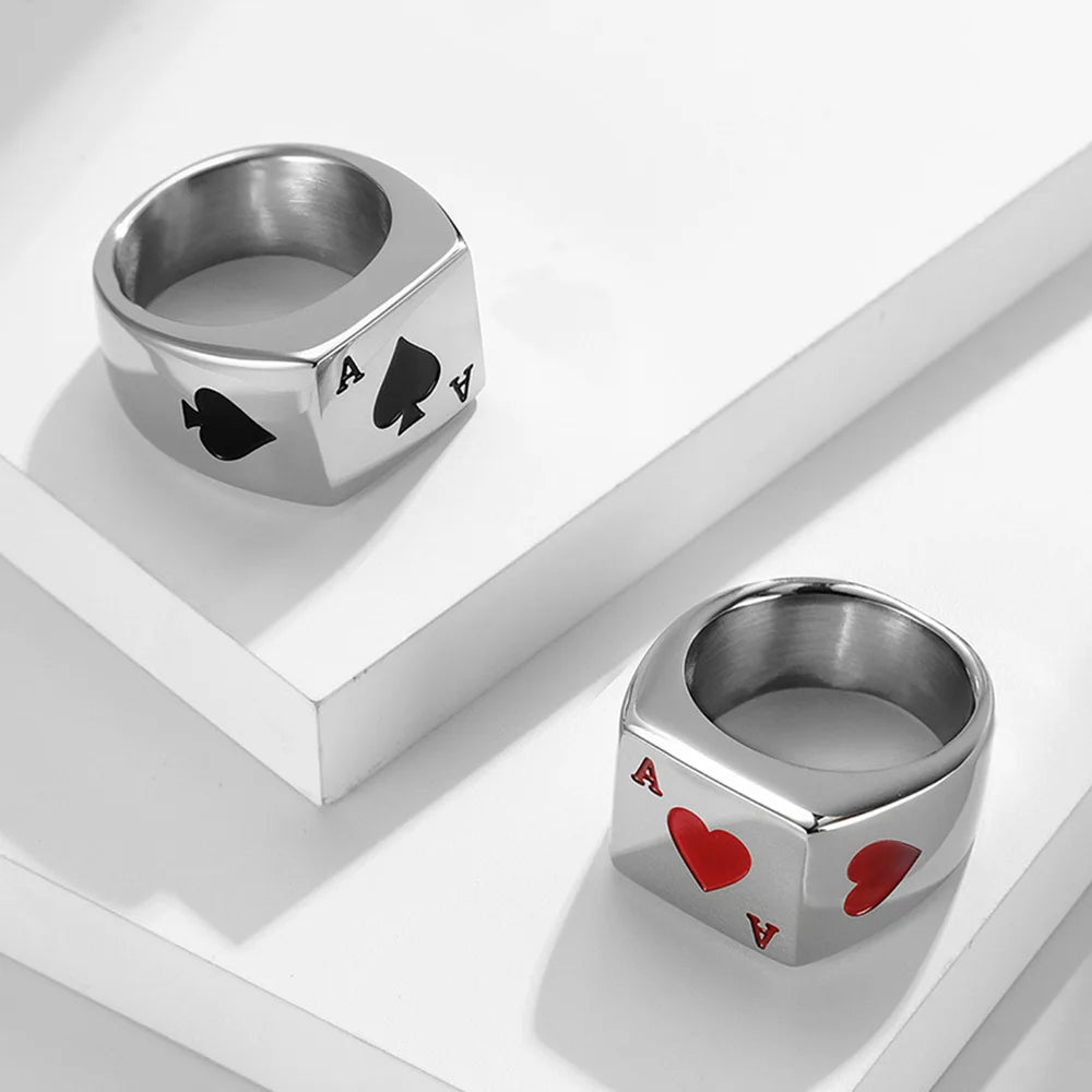 Poker Ring Men Spade Rings Stainless Steel Jewelry Lucky Ring with Black Ace of Spades Poker Card