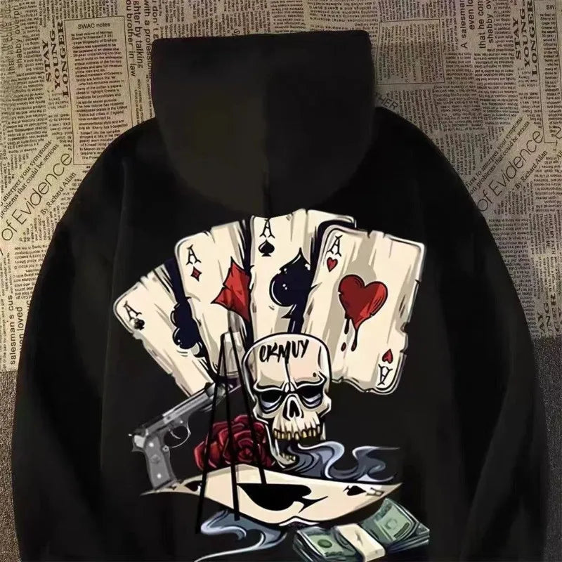 【M-8XL Hoodies】Autumn Men Pullover Hoodie Oversized Sweatshirt Fashion Loose Skeleton Poker Print Long Sleeve Couple Clothes