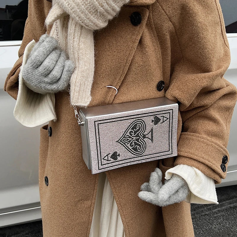 Sac à Main Pochette Femme Strass Poker Cœur — Chaîne Dorée Bandoulière Soirée