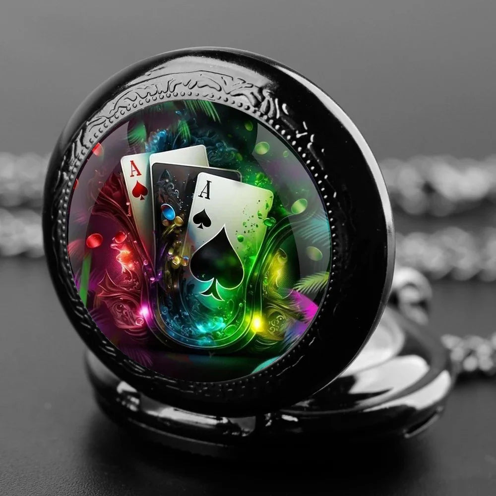 Exquisite Magic Poker Glass Dome Quartz Pocket Watch with Chain Arabic Numeral Dial Women Necklace Pendant Gifts Man Watches