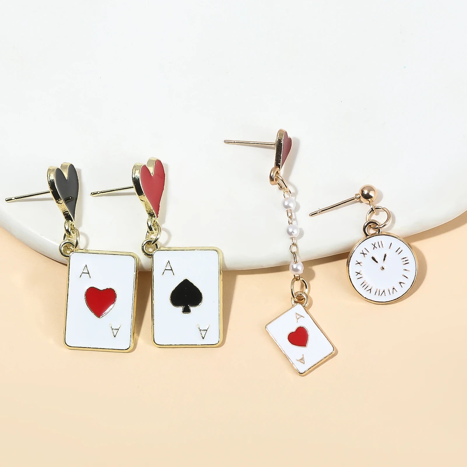 Alice In Wonderland Playing Card Earrings Women Funny Clock Poker Card Drop Earrings Hearts And Spades Playing Cards Earrings