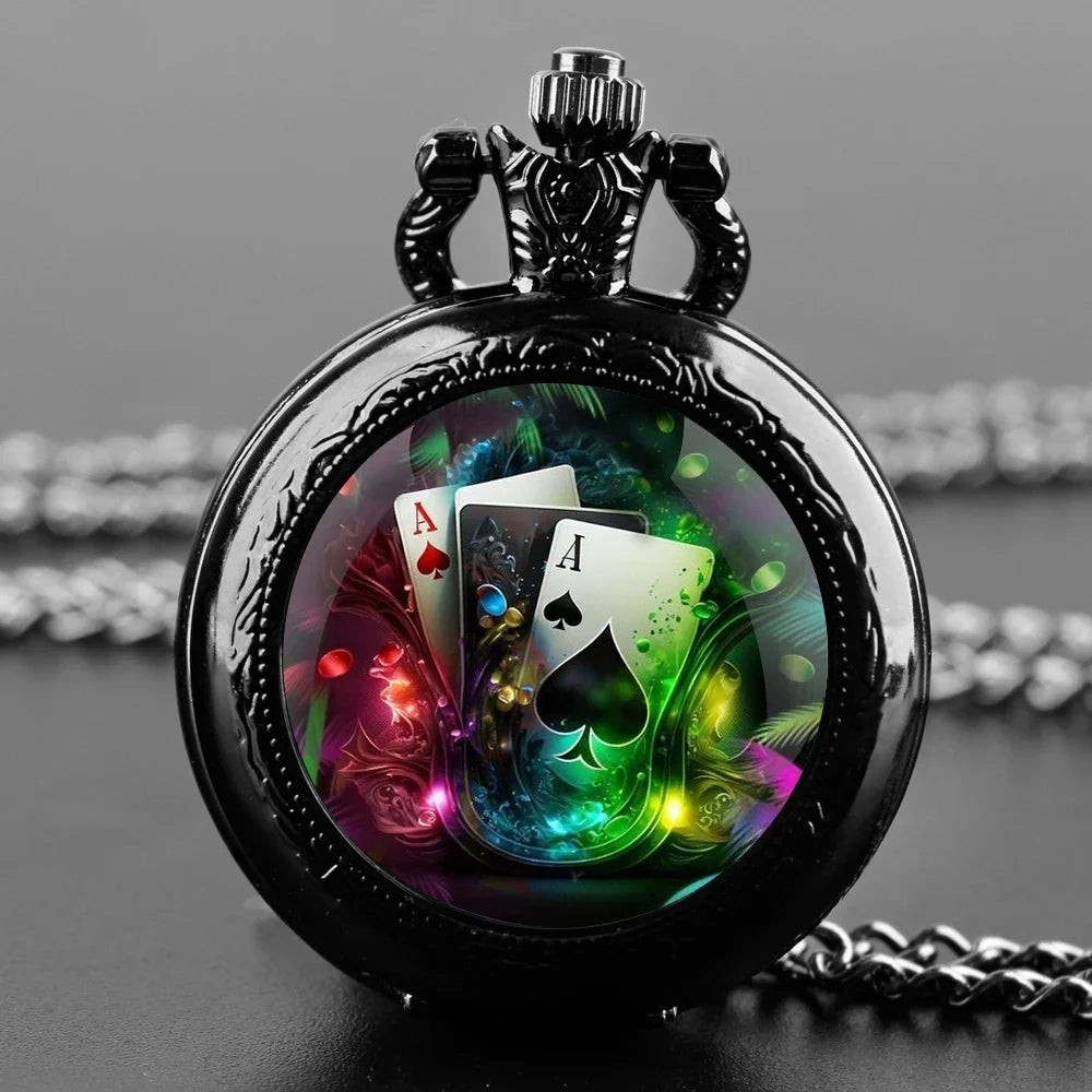 Exquisite Magic Poker Glass Dome Quartz Pocket Watch with Chain Arabic Numeral Dial Women Necklace Pendant Gifts Man Watches