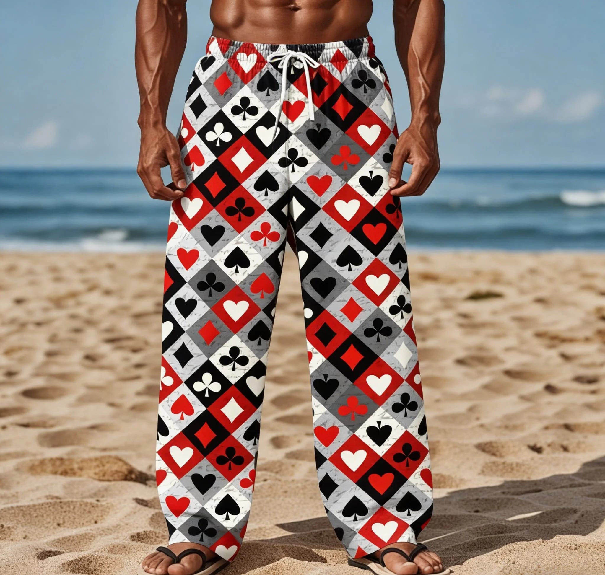 Men's Summer New Style Playing Card Print Straight Leg Pants Loose Beach Vacation Style