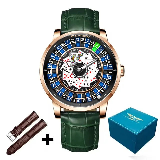 PINDU Design New Mechanical Watch NH35 Poker Rotating Dial Las Vegas Roulette Table Theme Automatic Watch Men's Luminous Hands
