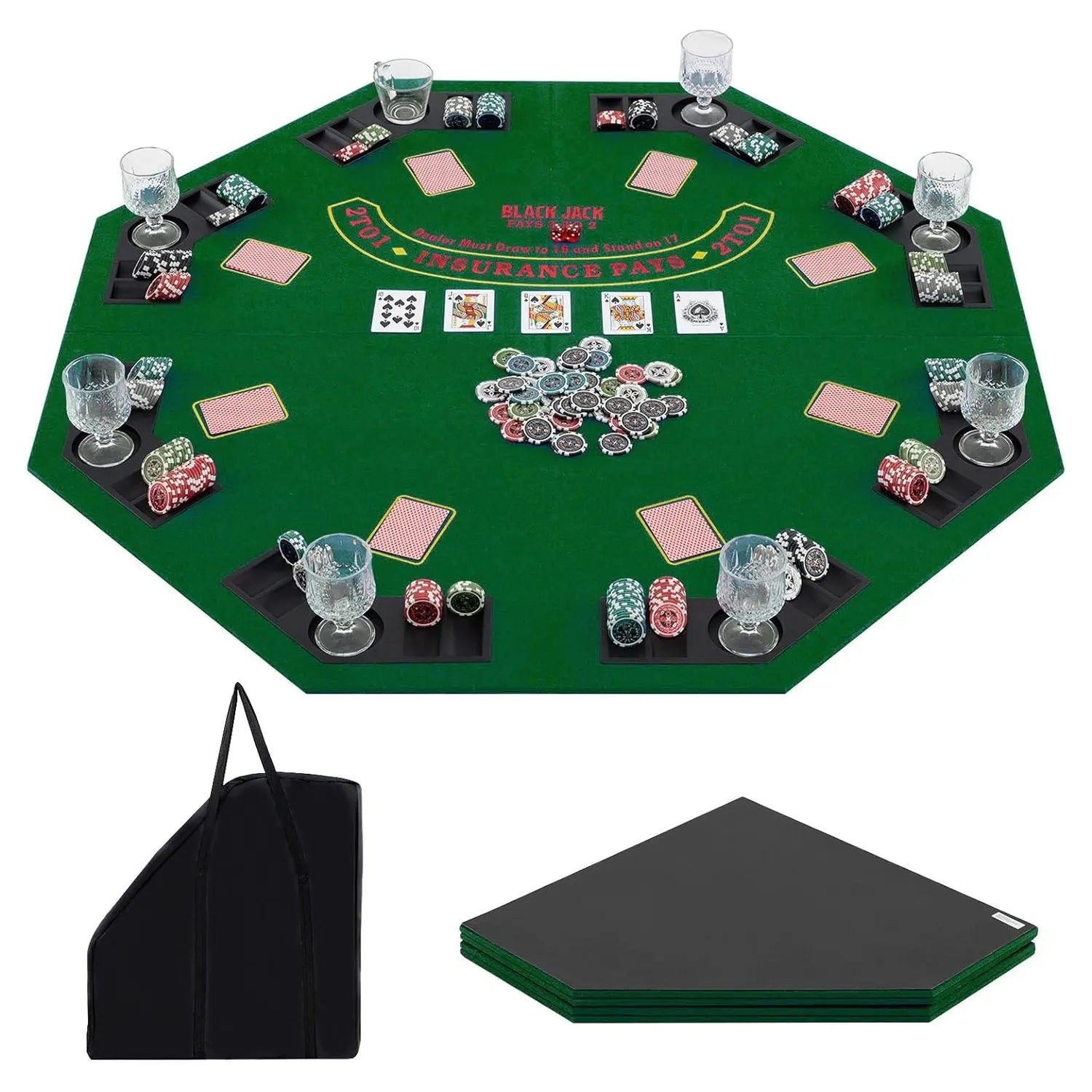 Poker Mat, Texas Holdem, Foldable Poker Table Cover pour 8 Players avec Cup Holders, Poker Rug avec Carry Bag, Green