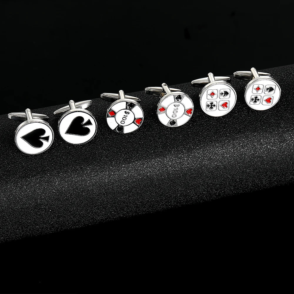 Classic Poker Spade Heart Diamond Club Design Mens Cufflinks Playing Card Chip Pattern Sleeve Button