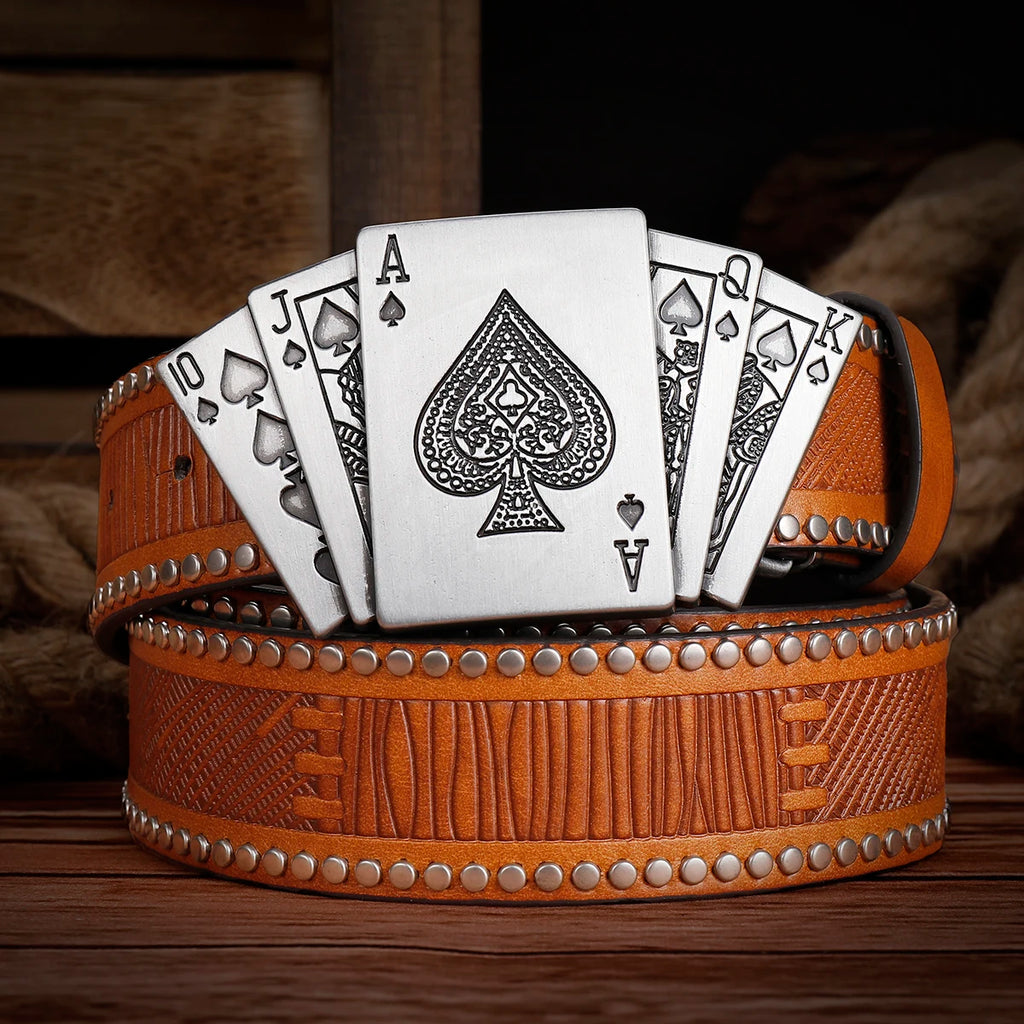 Pique Mode Unique Double layer Cowhide Brown Handmade Leather Western Cowboy Style Ceinture, Essential Cadeau pour Cadeaux