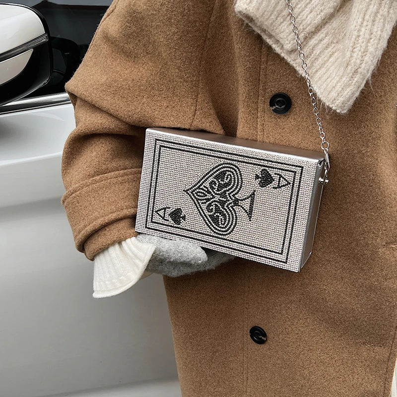 Sac à Main Pochette Femme Strass Poker Cœur — Chaîne Dorée Bandoulière Soirée
