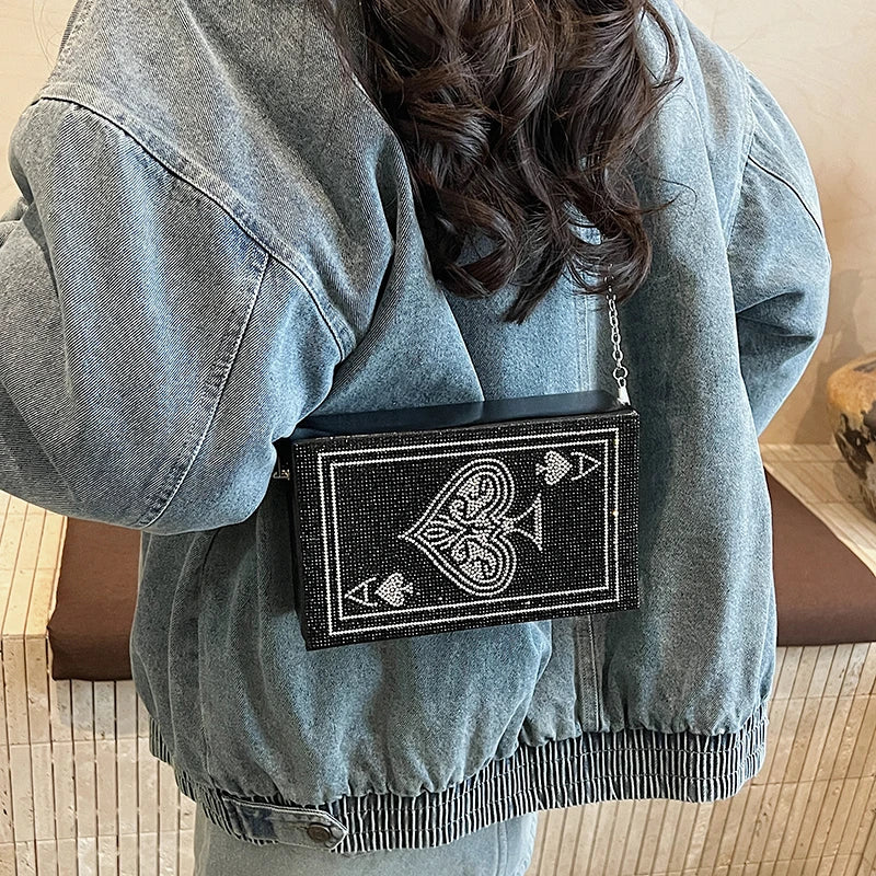 Sac à Main Pochette Femme Strass Poker Cœur — Chaîne Dorée Bandoulière Soirée