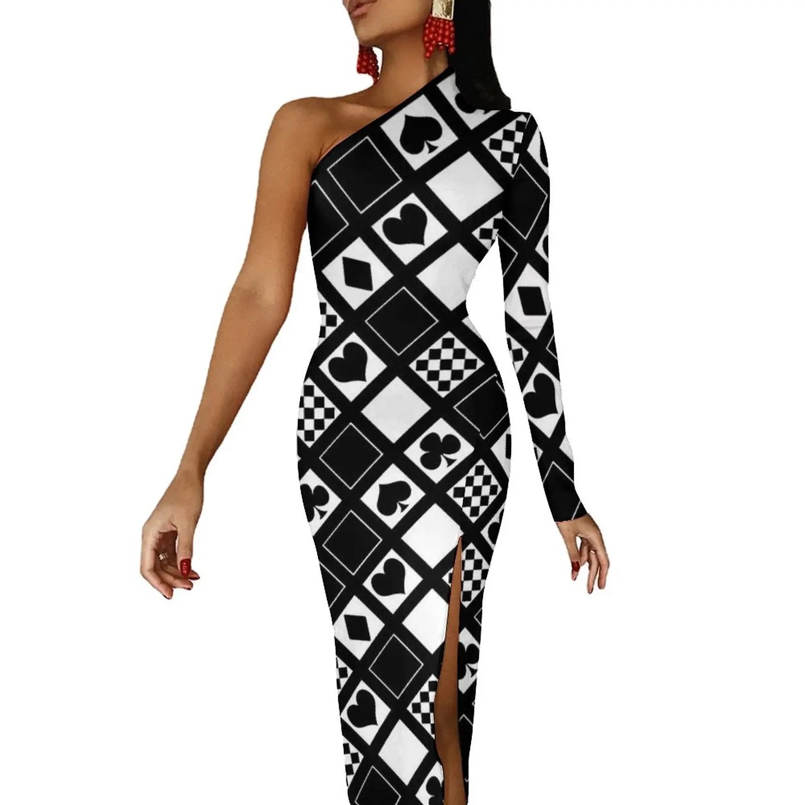 Casino Playing Cards Maxi Dress Long Sleeve Hearts Crosses Print Sexy Bodycon Dress Autumn Party Long Dresses Pattern Clothing