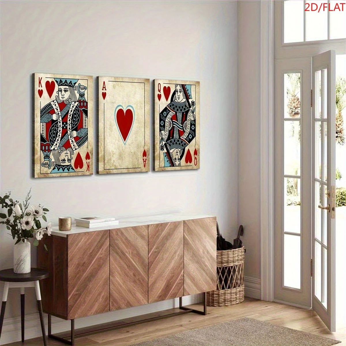 2D Flat, 3pcs Retro Poker Toile Art Impressions - King, As of Pique & Queen of Cœur avec Intricate Designs, Suitable pour Offi