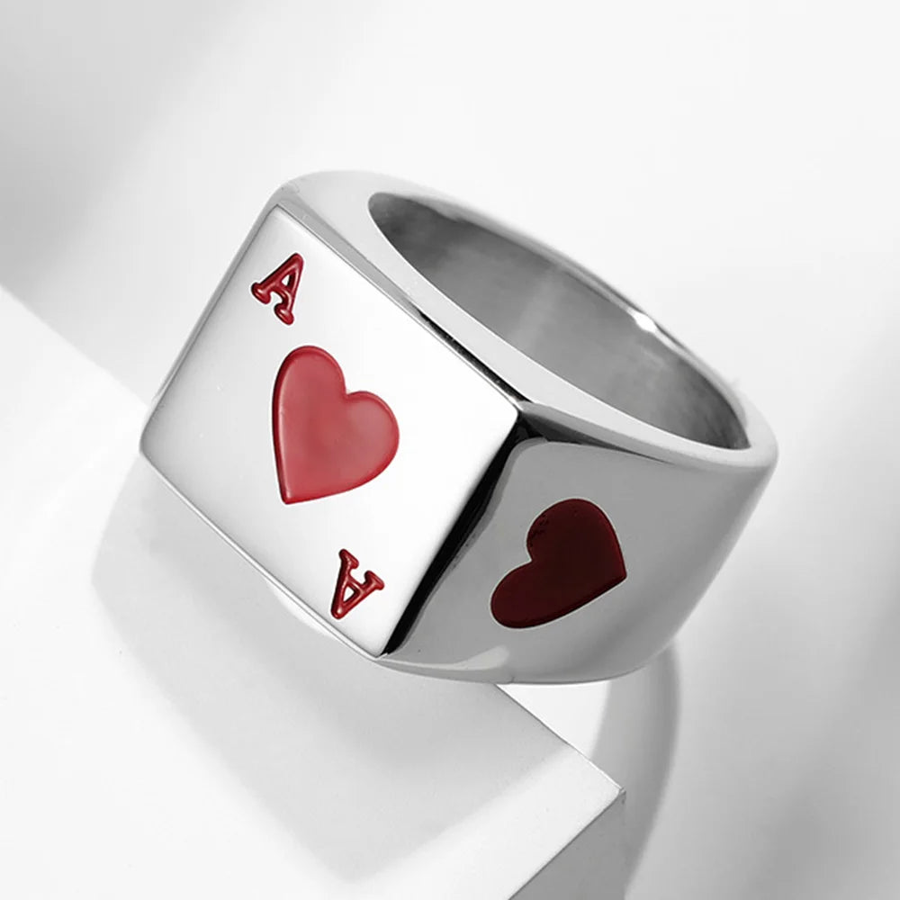 Poker Ring Men Spade Rings Stainless Steel Jewelry Lucky Ring with Black Ace of Spades Poker Card
