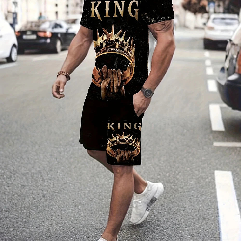 2025 Summer New Men's Summer Leisure Sports Running Set Loose Men's Refreshing Top Y2K Style 3D Poker King Fashion shirt Set Lightweight